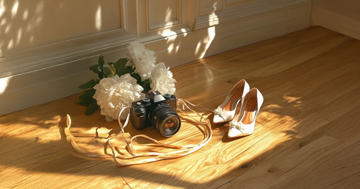 Hochzeitsfotograf in der Nähe: Kamera, weiße Brautschuhe und Blumenstrauß auf Holzboden