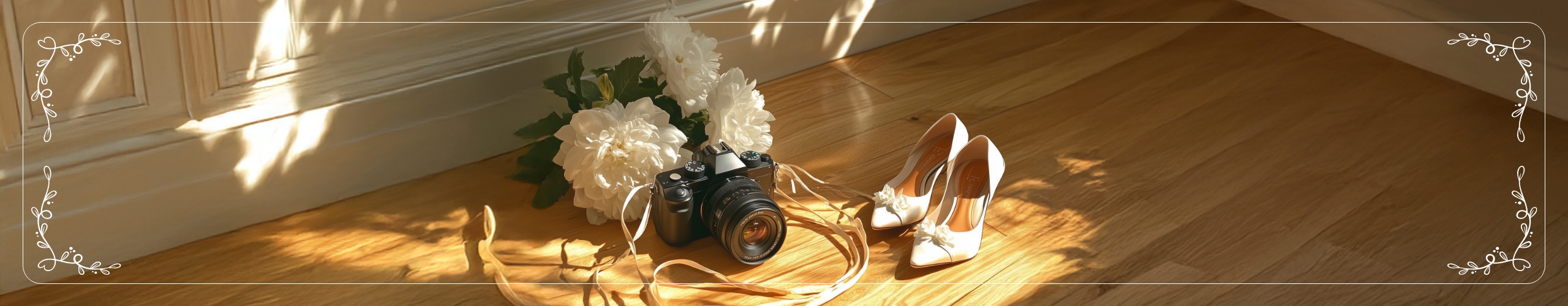 Hochzeitsfotograf in der Nähe: Kamera, weiße Brautschuhe und Blumenstrauß auf Holzboden